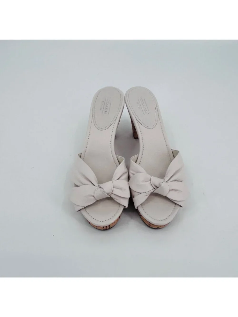Coach Karen Slide Sandals White Size 7.5M Leather Cork Wedge Bow Platform Mules